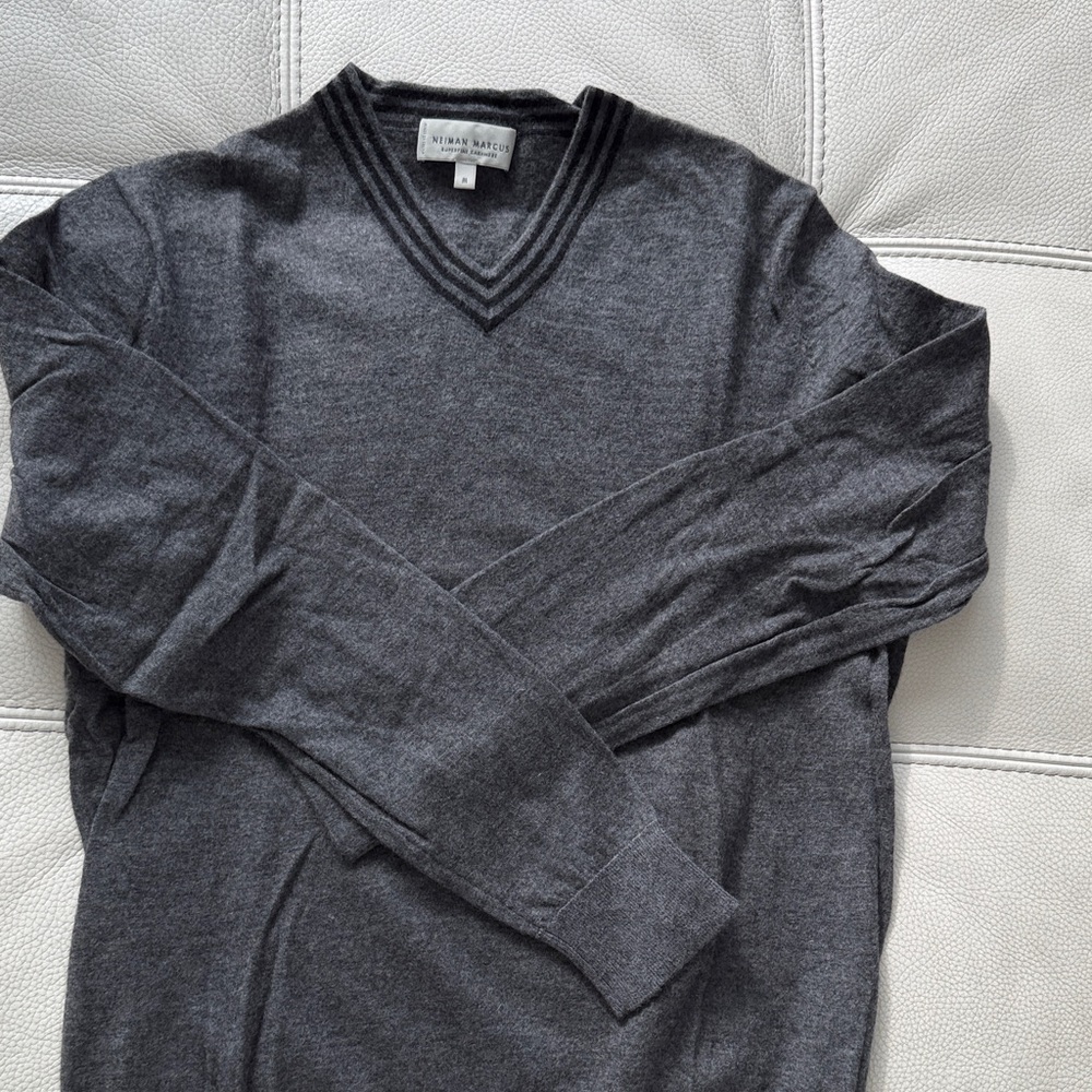 Neiman Marcus Charcoal with black trim V-Neck Cashmere Sweater